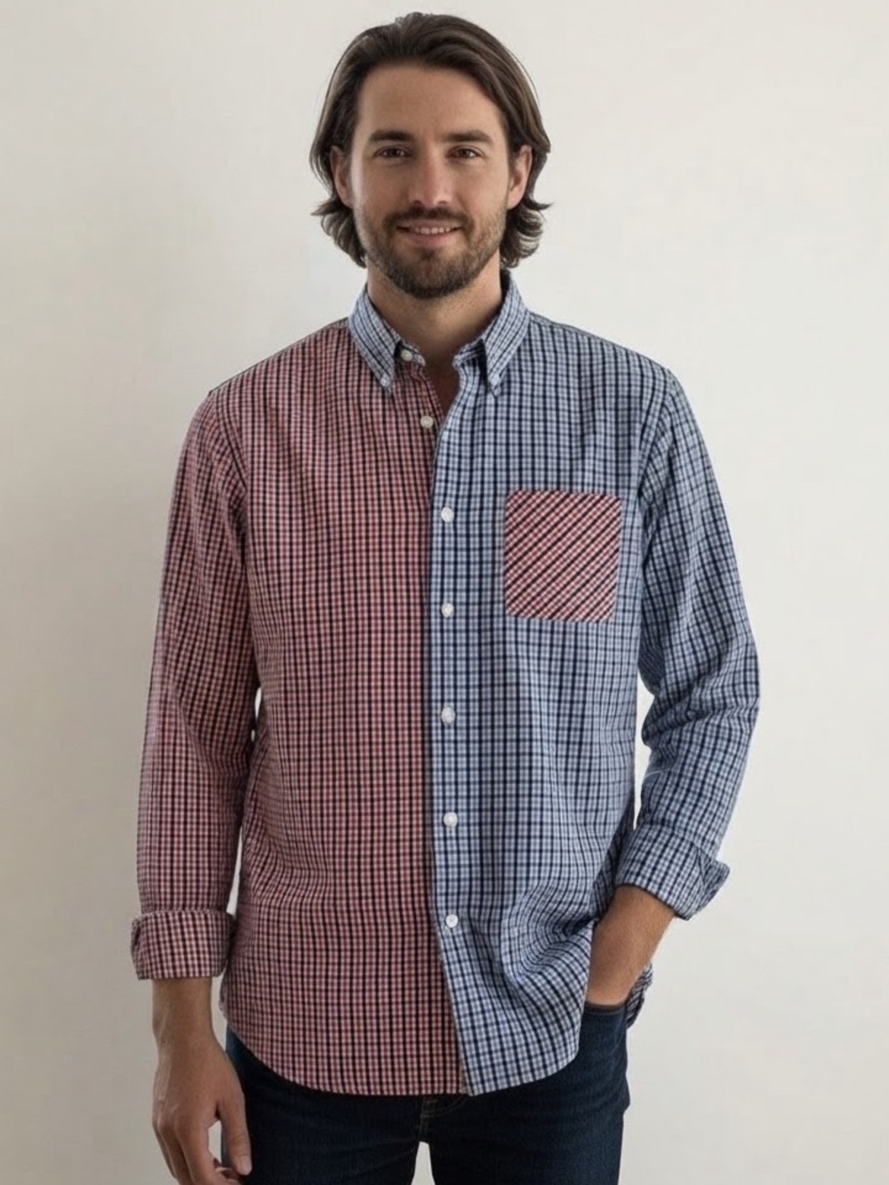Brooks Brothers Sz XXL Red Blue Plaid Colorblock Patchwork Button Down Shirt